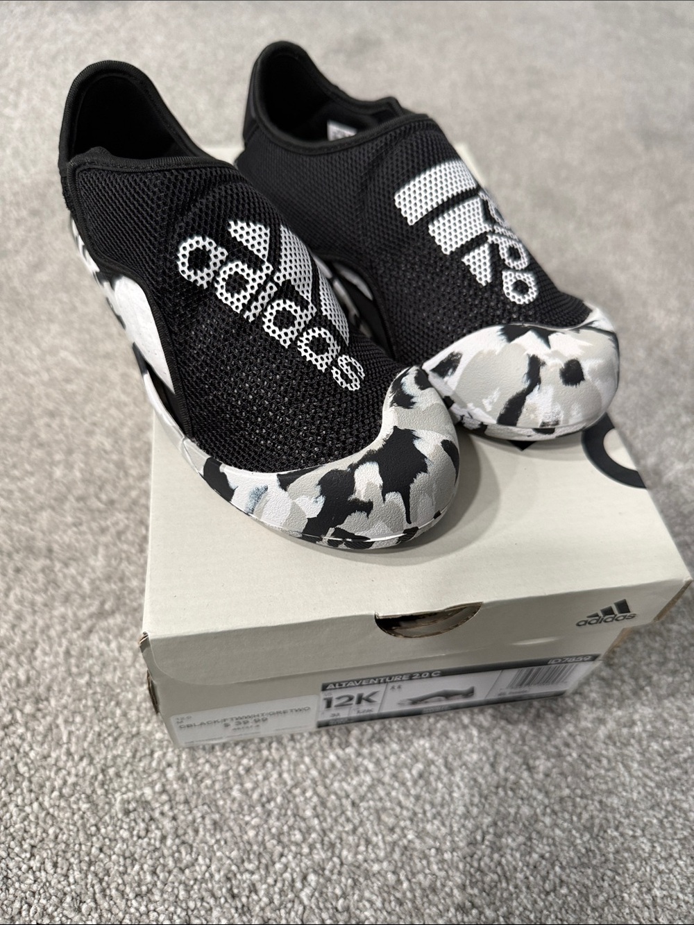 adidas Kids Black Slip-On Sneakers with White Camo Accents